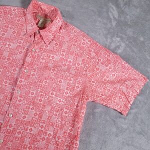 Tori‎ Richard Shirt Mens Medium Red Cotton Lawn Short Sleeve Block Print Hawaii